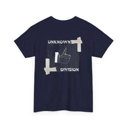 Navy blue t-shirt with graphic design and text on a white background