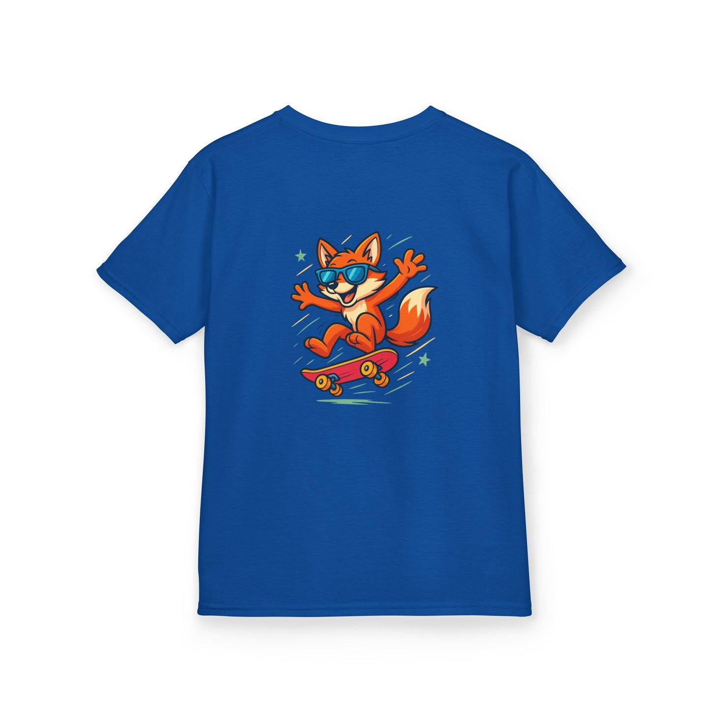 Blue t-shirt with a cartoon fox on a skateboard graphic