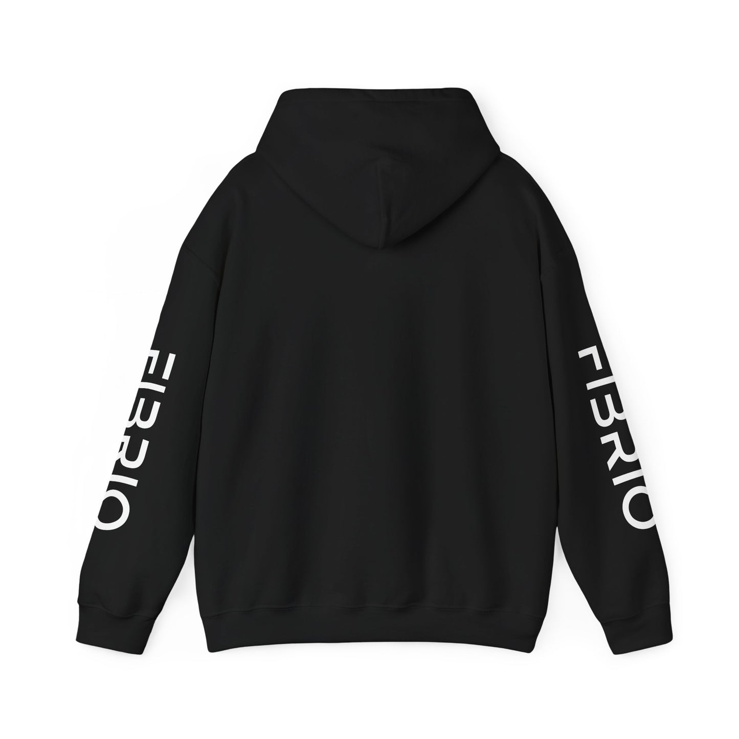 Black hoodie with 'FIBRIO' branding on sleeves against a white background