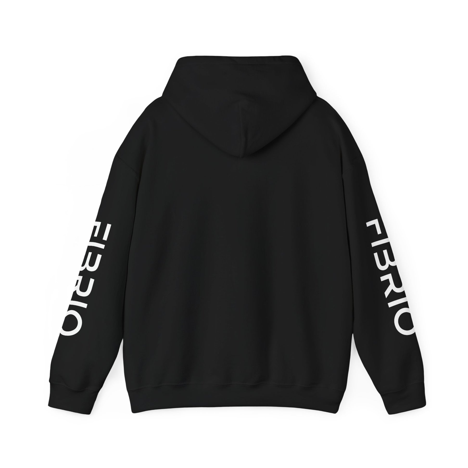 Black hoodie with 'FIBRIO' branding on sleeves against a white background
