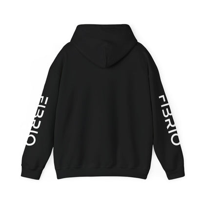 Black hoodie with 'FIBRIO' branding on sleeves against a white background