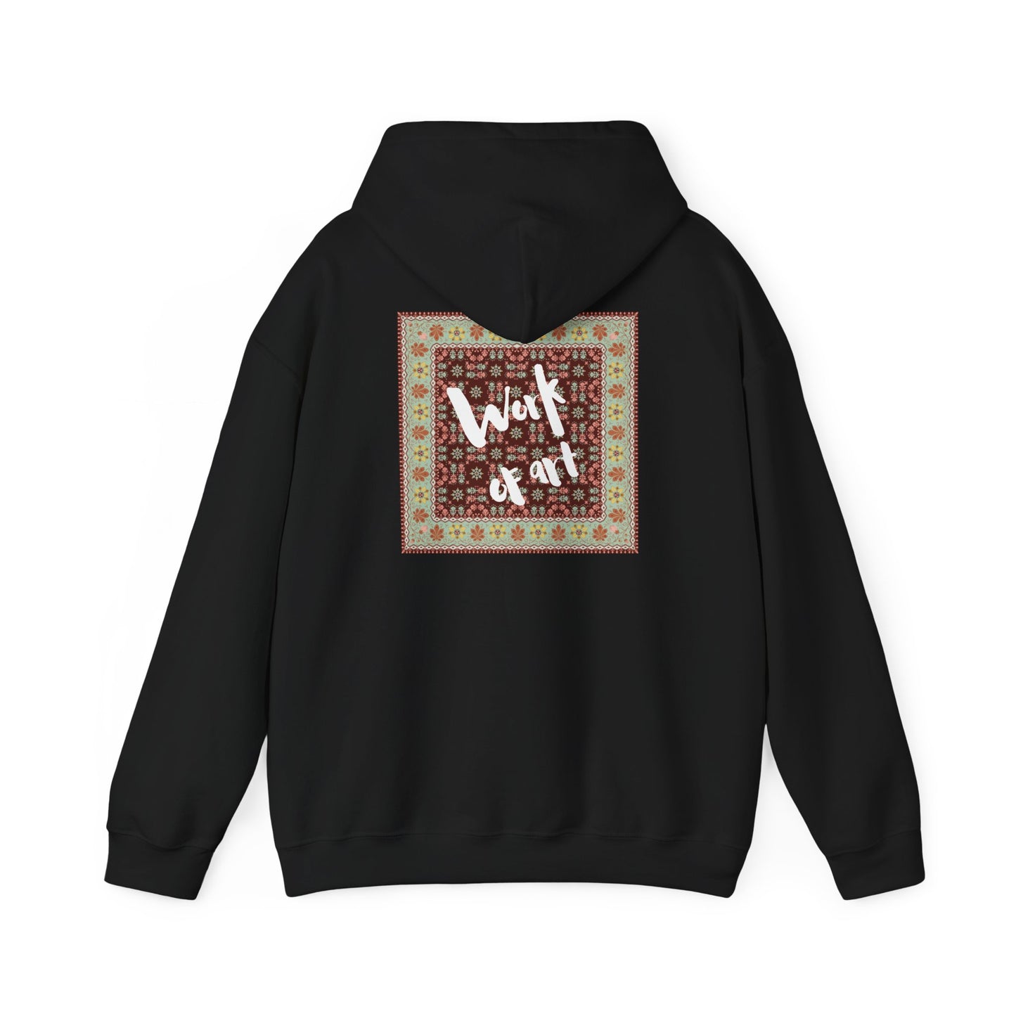 Black hoodie with a patterned design and text on the back against a white background