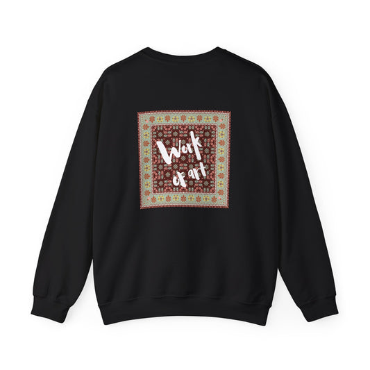 Black sweatshirt with 'Work of art' text on a white background