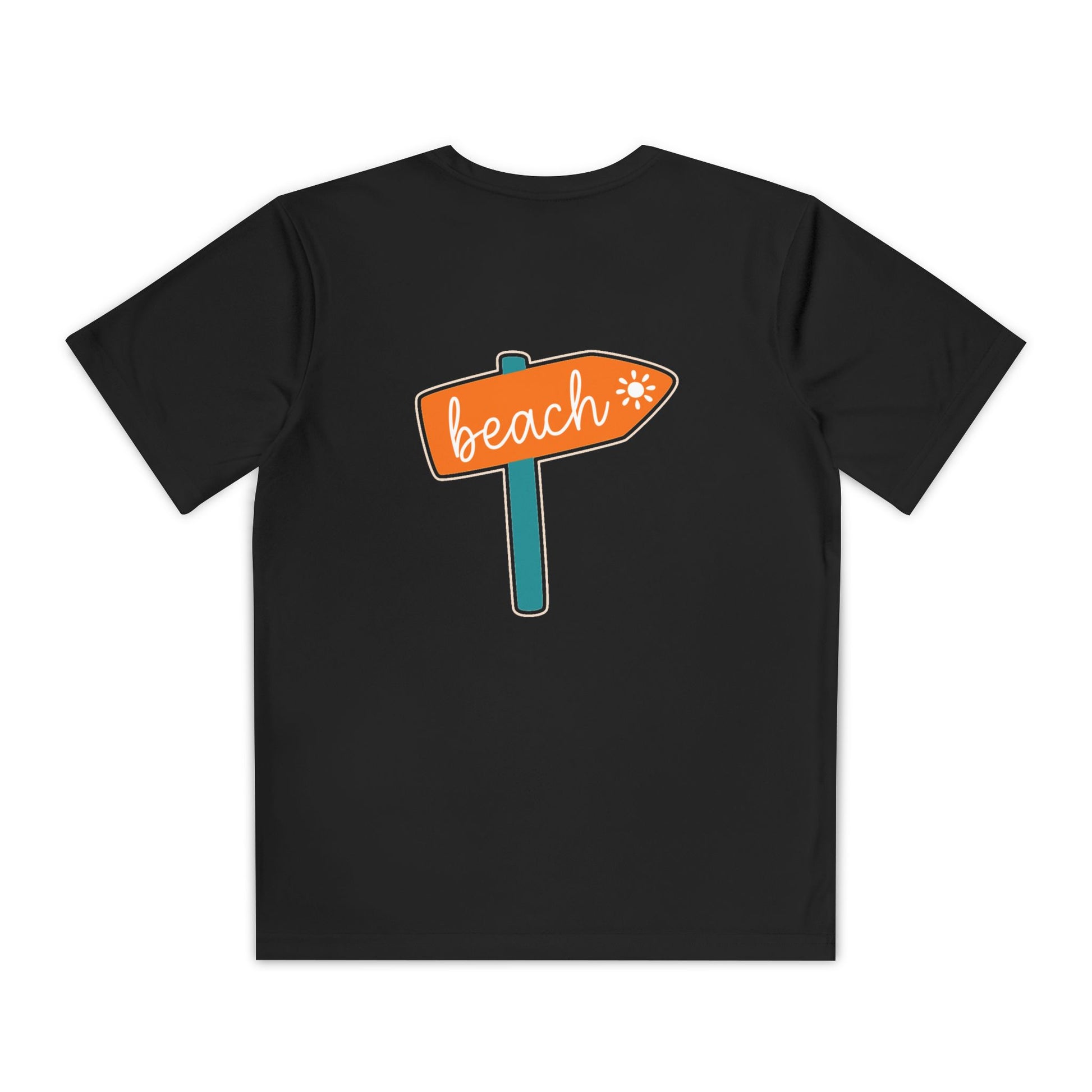 Back of boys’ black casual t-shirt featuring stylish beach sign board graphic – summer tee by Fibrio