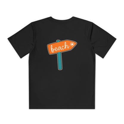 Back of boys’ black casual t-shirt featuring stylish beach sign board graphic – summer tee by Fibrio