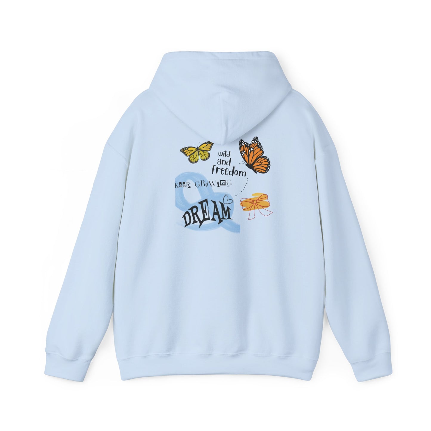 Light blue hoodie with butterfly designs and text on the back against a white background