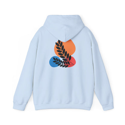 Light blue hoodie with colorful design on the back against a white background