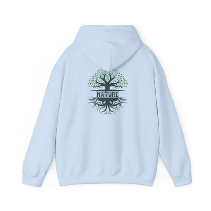 Light blue hoodie with a tree design and 'Nature' text on the back against a white background