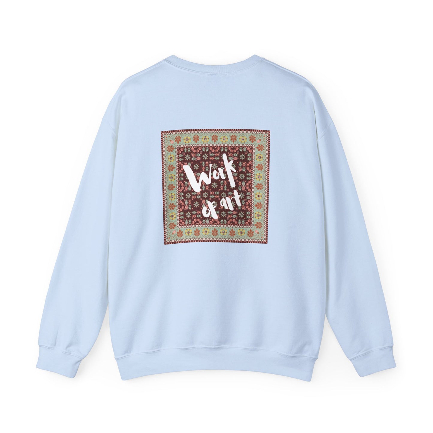 Light blue sweatshirt with a colorful square design and text on the back against a white background