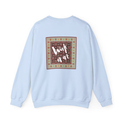 Light blue sweatshirt with a colorful square design and text on the back against a white background