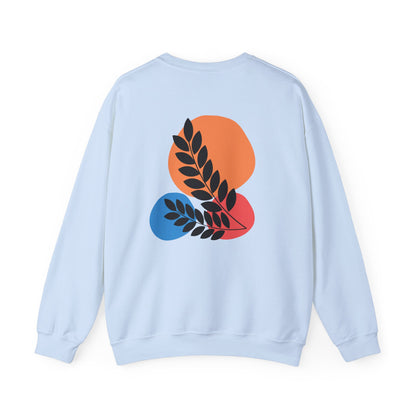 Light blue sweatshirt with colorful abstract design on the back against a white background