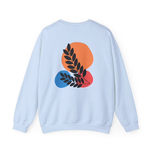 Light blue sweatshirt with colorful abstract design on the back against a white background