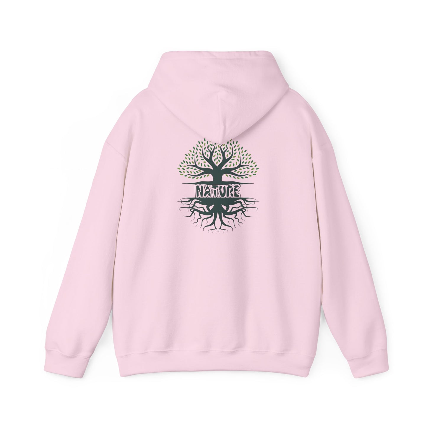 Pink hoodie with a tree design and 'NATURE' text on the back against a white background