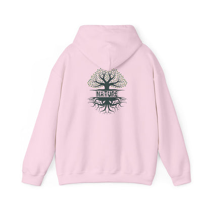 Pink hoodie with a tree design and 'NATURE' text on the back against a white background