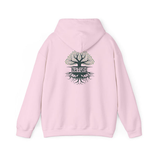 Pink hoodie with a tree design and 'NATURE' text on the back against a white background