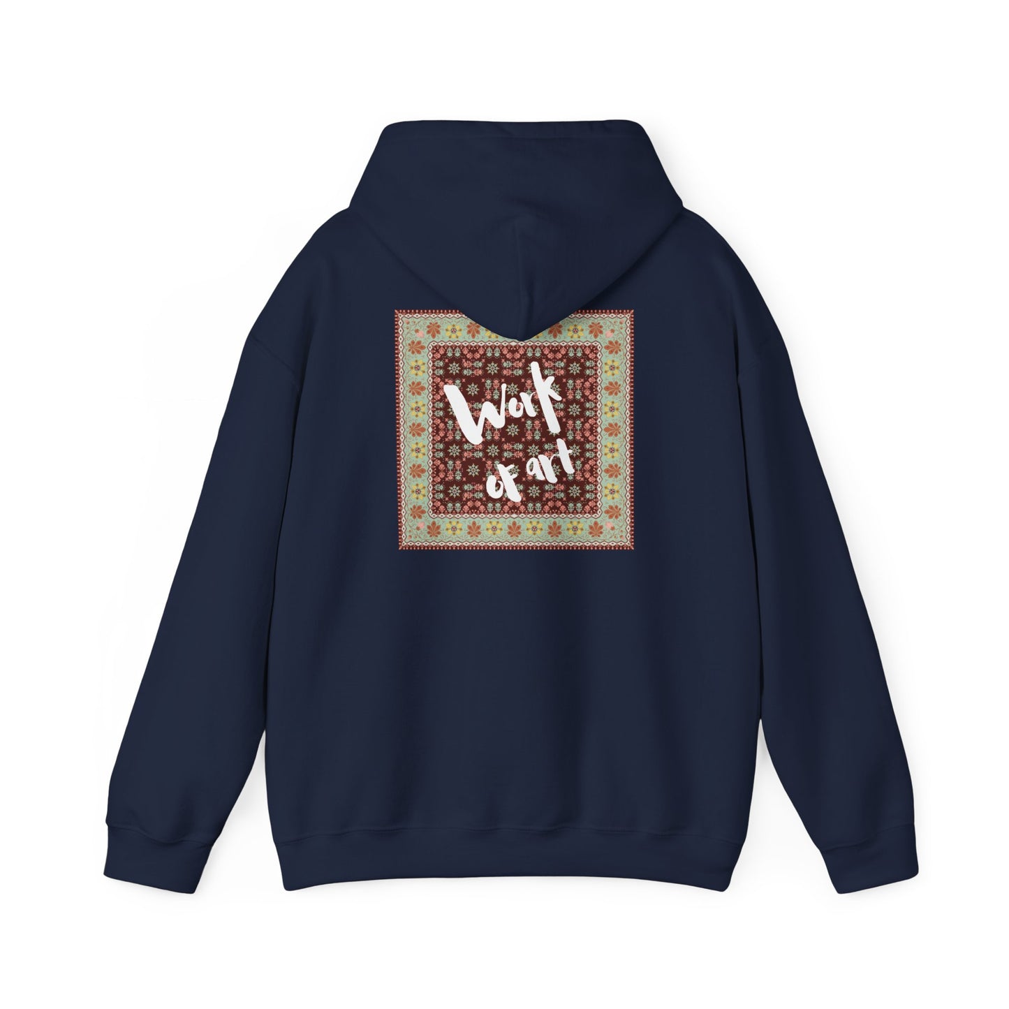 Navy blue hoodie with a patterned back design and text on a white background