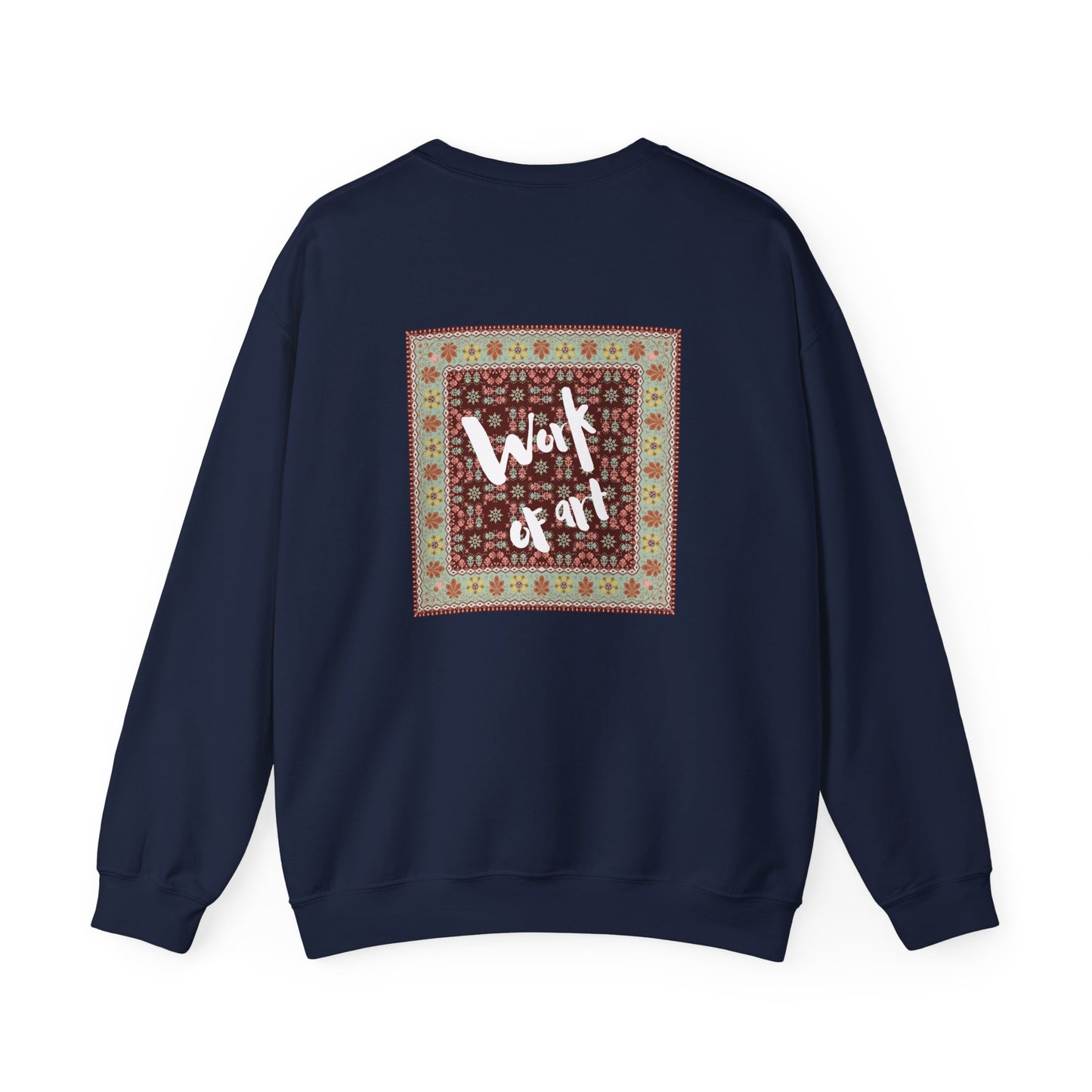 Navy blue sweatshirt with 'Work of art' design on a white background