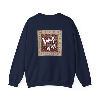 Navy blue sweatshirt with 'Work of art' design on a white background
