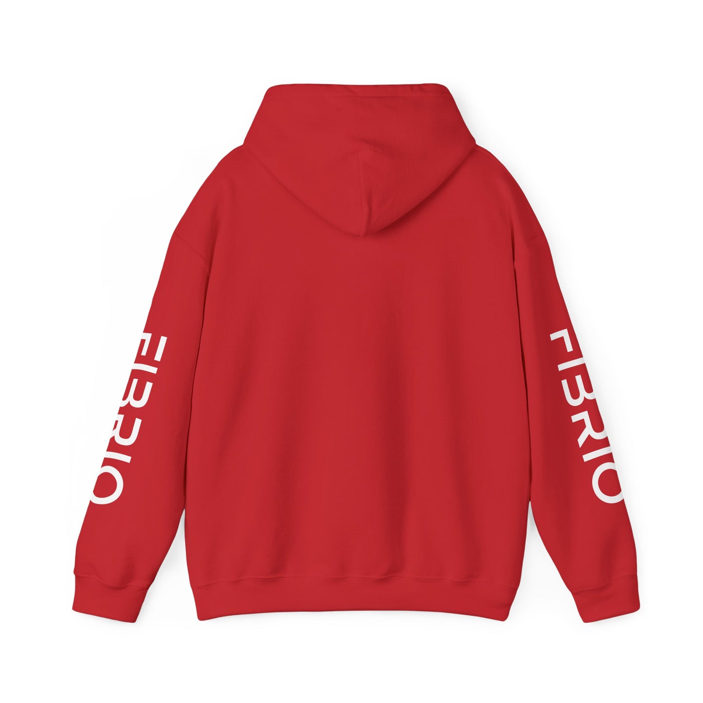 Red hoodie with 'FIBRIO' branding on the sleeves against a white background