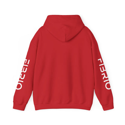 Red hoodie with 'FIBRIO' branding on the sleeves against a white background