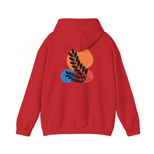Red hoodie with a colorful design on the back against a white background