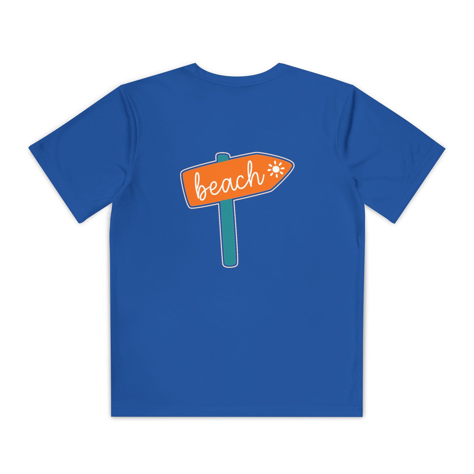Back of boys’ blue casual t-shirt featuring stylish beach sign board graphic – summer tee by Fibrio