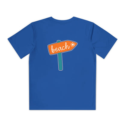 Back of boys’ blue casual t-shirt featuring stylish beach sign board graphic – summer tee by Fibrio