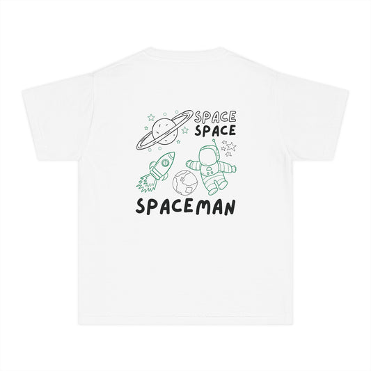 Back of girls’ white casual t-shirt with astronaut and spaceman graphic – adventurous space tee by Fibrio