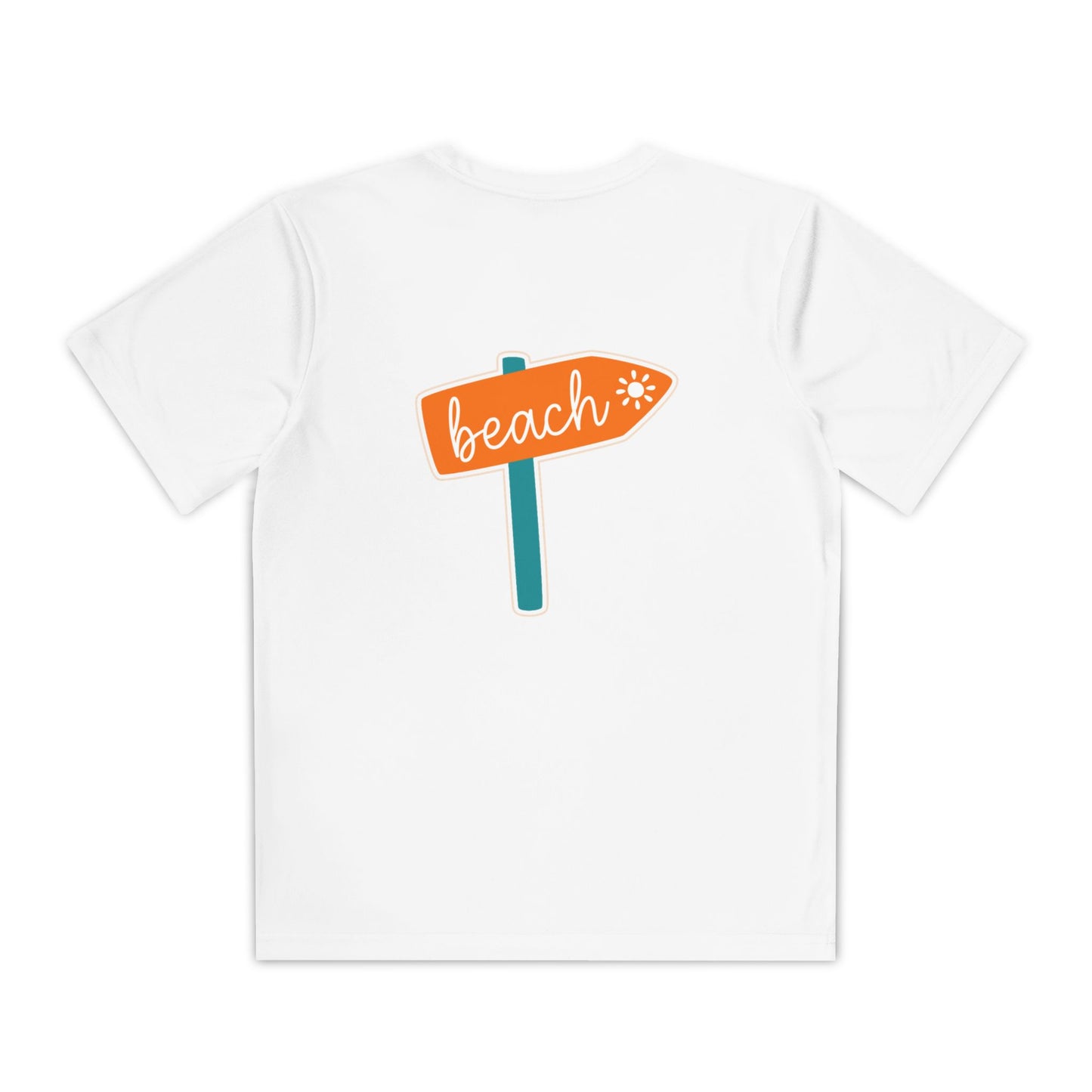Back of boys’ white casual t-shirt featuring stylish beach sign board graphic – summer tee by Fibrio