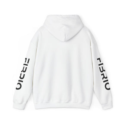 White hoodie with 'FIBRIO' branding on the sleeves against a white background