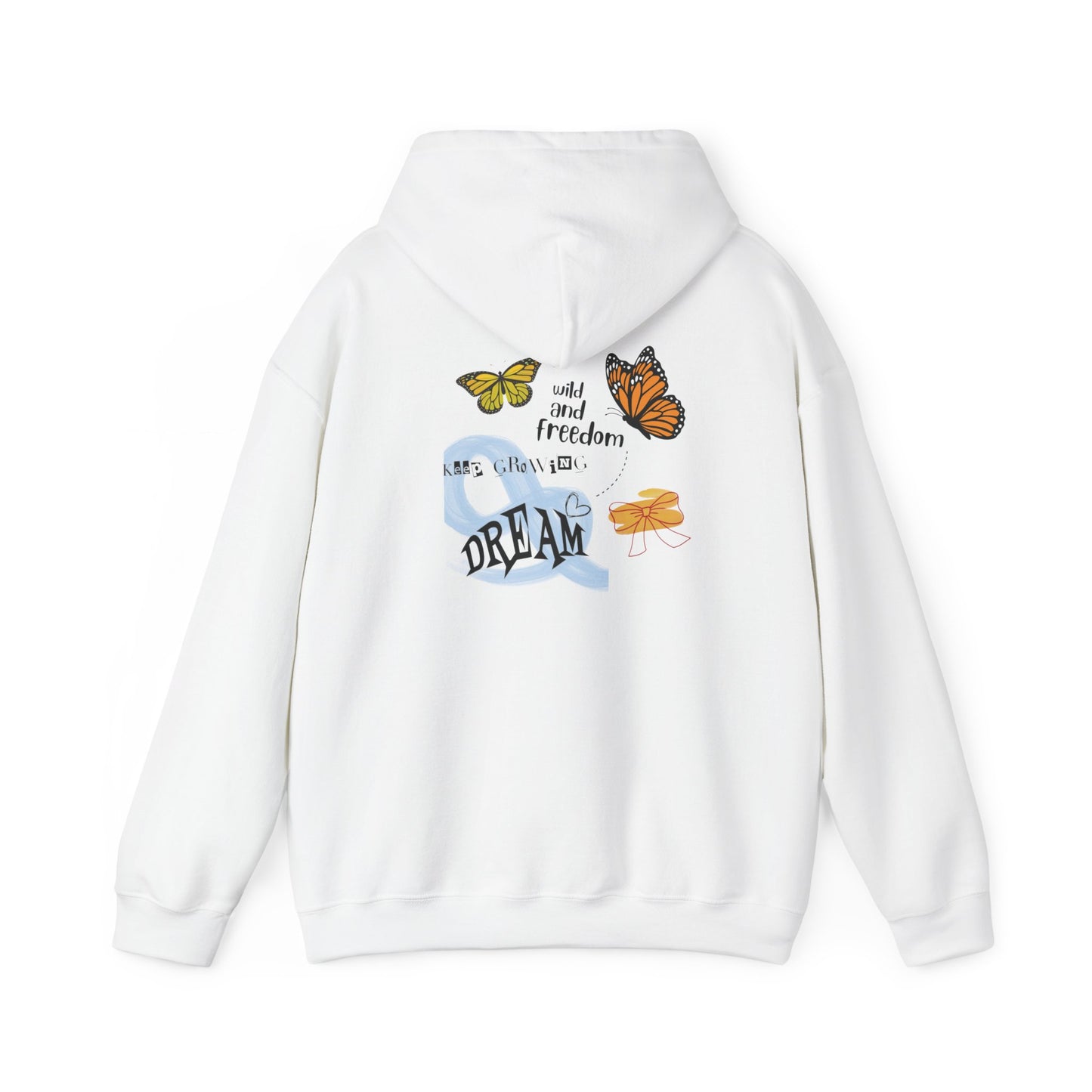 White hoodie with colorful graphics and text on a white background