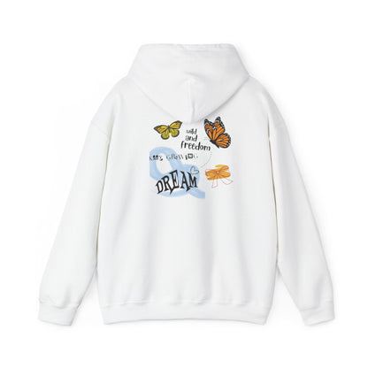 White hoodie with colorful graphics and text on a white background