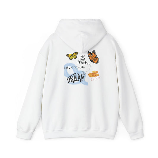 White hoodie with colorful graphics and text on a white background