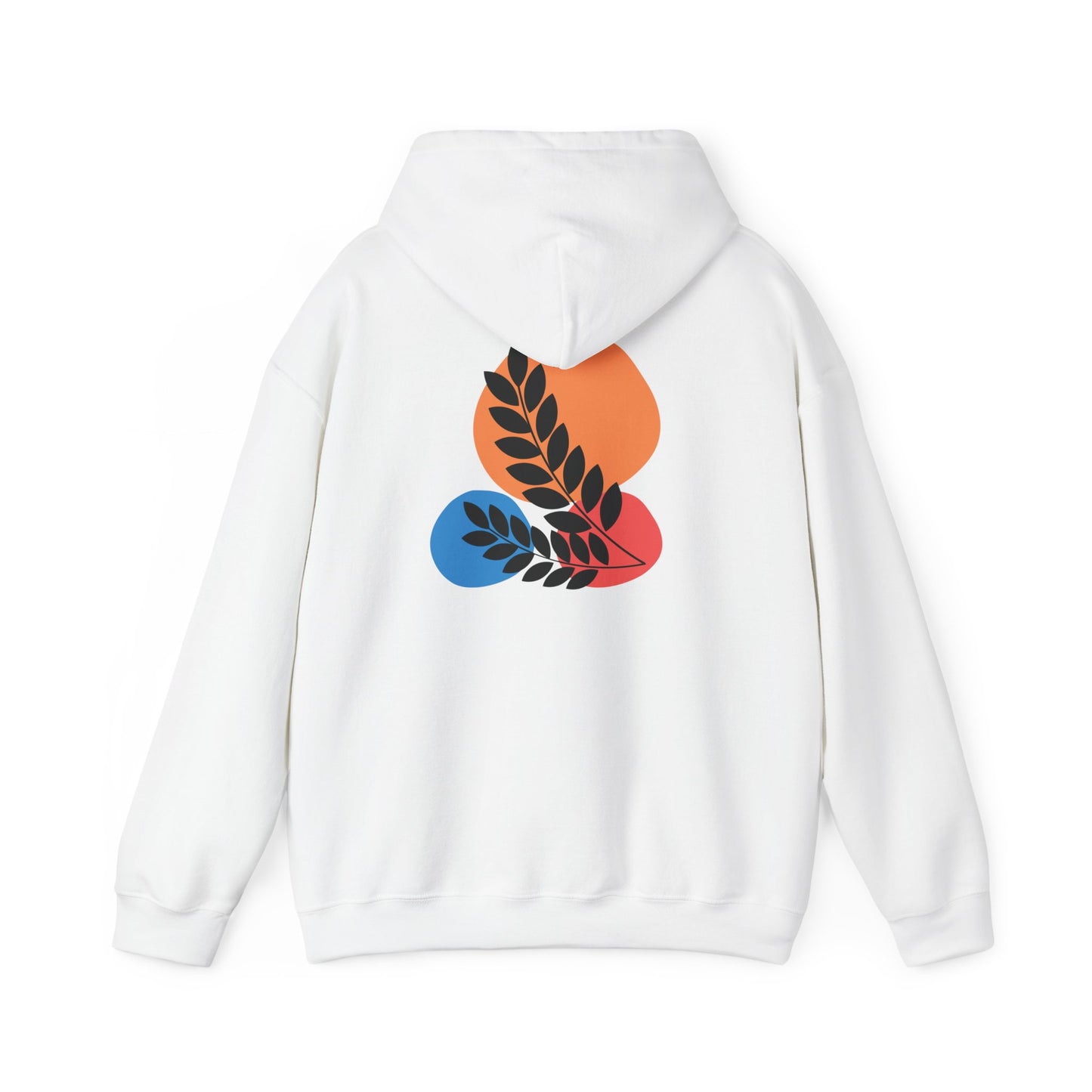 White hoodie with colorful design on the back against a white background