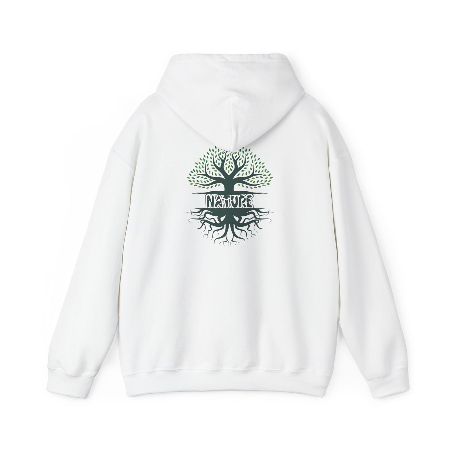 White hoodie with a tree design and 'Nature' text on the back against a white background