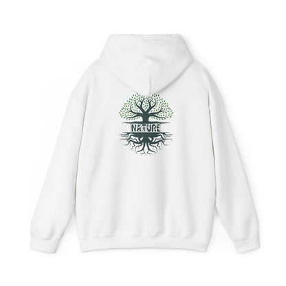 White hoodie with a tree design and 'Nature' text on the back against a white background
