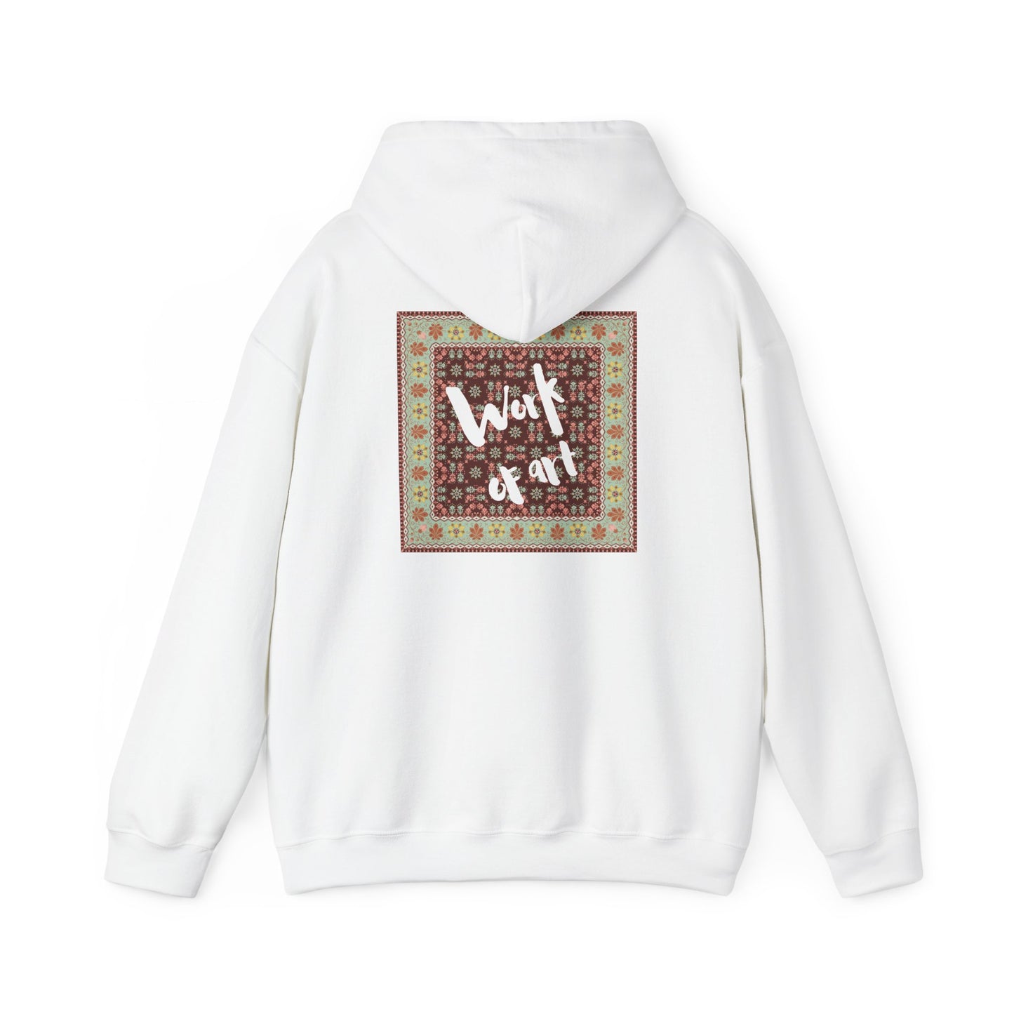 White hoodie with a patterned back design on a white background