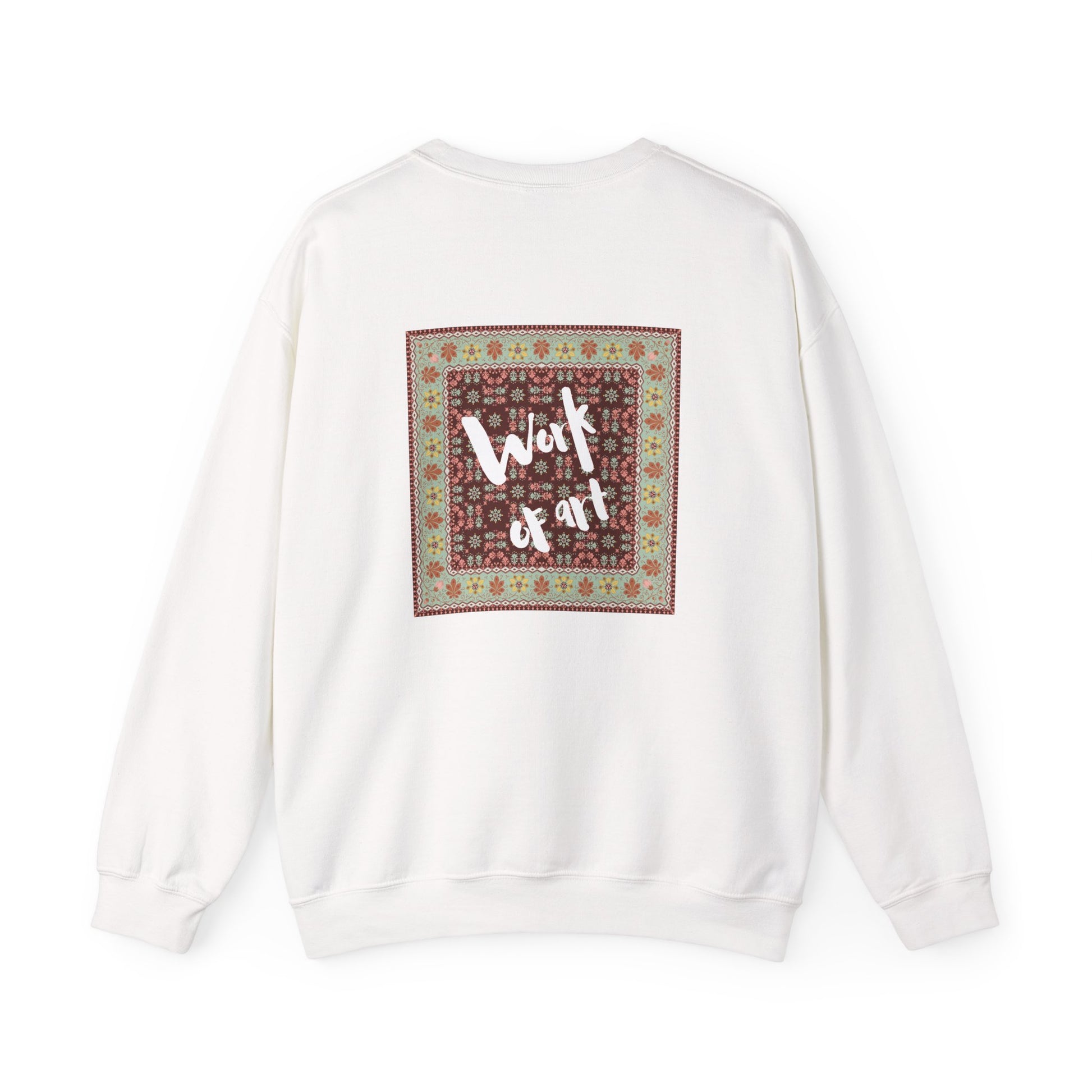 White sweatshirt with a colorful square design and text on a white background