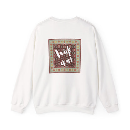 White sweatshirt with a colorful square design and text on a white background