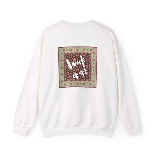 White sweatshirt with a colorful square design and text on a white background