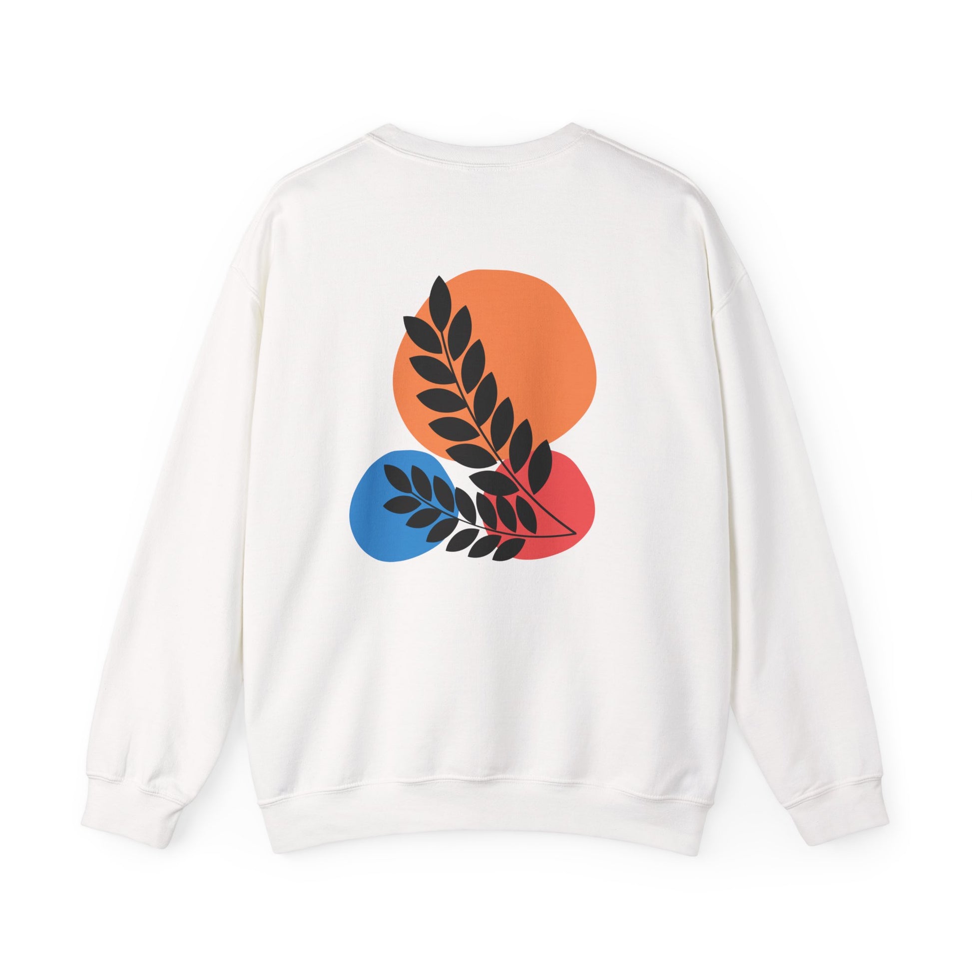 White sweatshirt with colorful abstract design on a white background