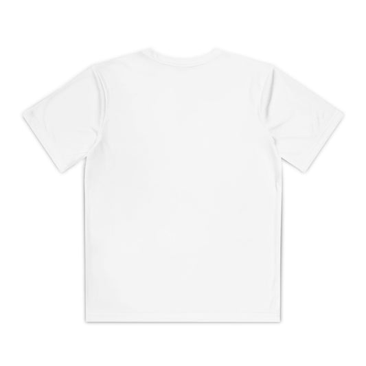 Back view of boys’ plain white casual t-shirt – soft cotton-blend space adventure tee by Fibrio