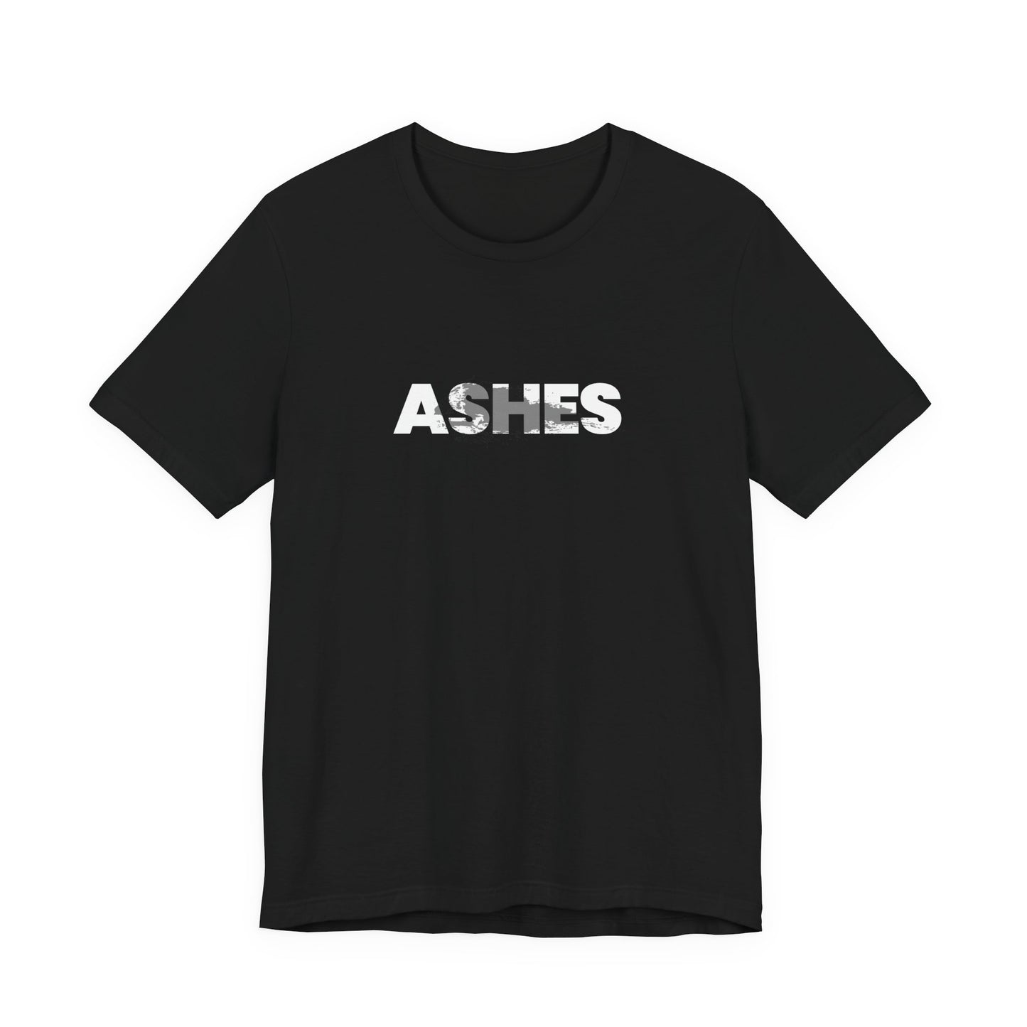 Black t-shirt with 'ASHES' printed in white by Fibrio