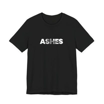 Black t-shirt with 'ASHES' printed in white by Fibrio
