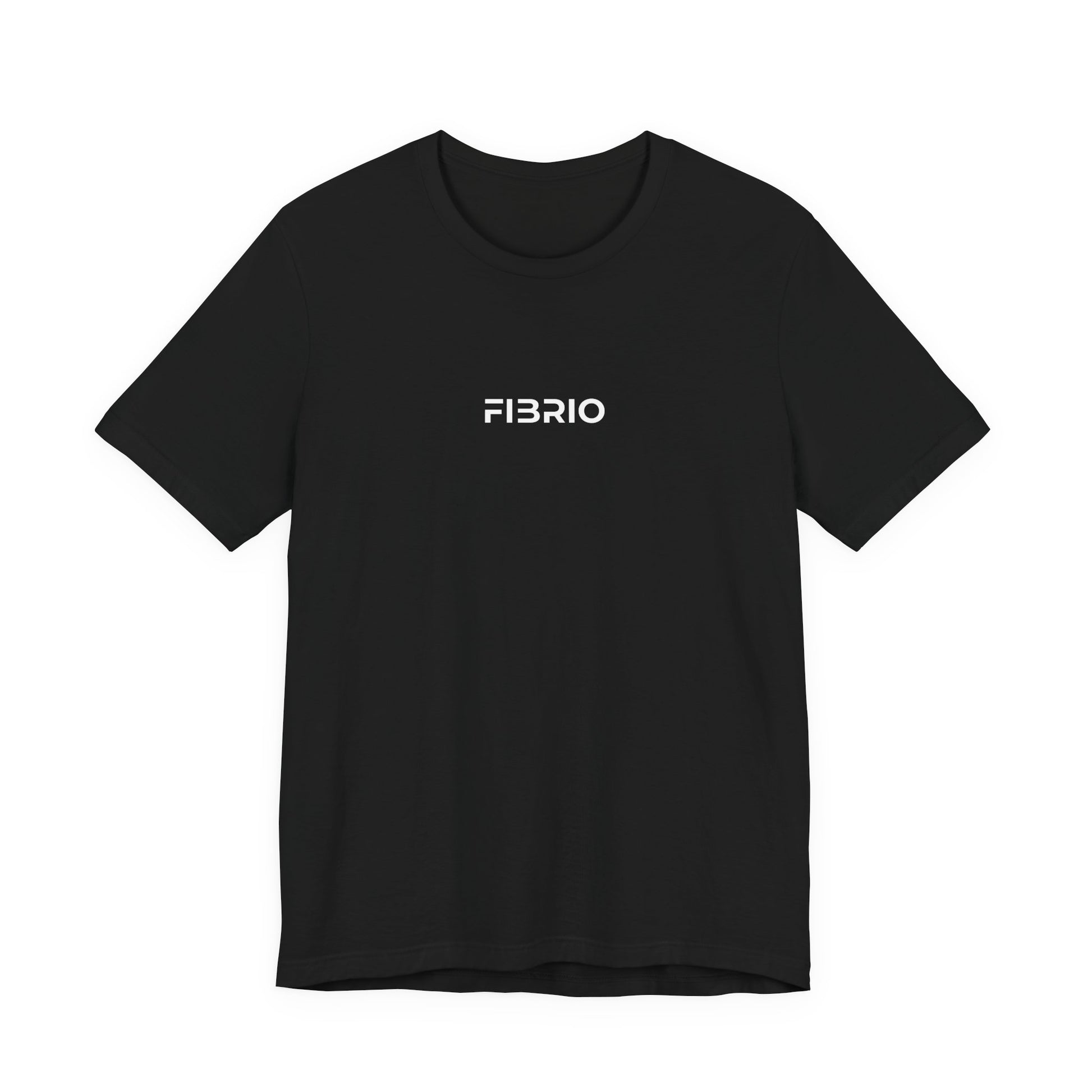 Black t-shirt with 'FIBRIO' logo on a white background by Fibrio
