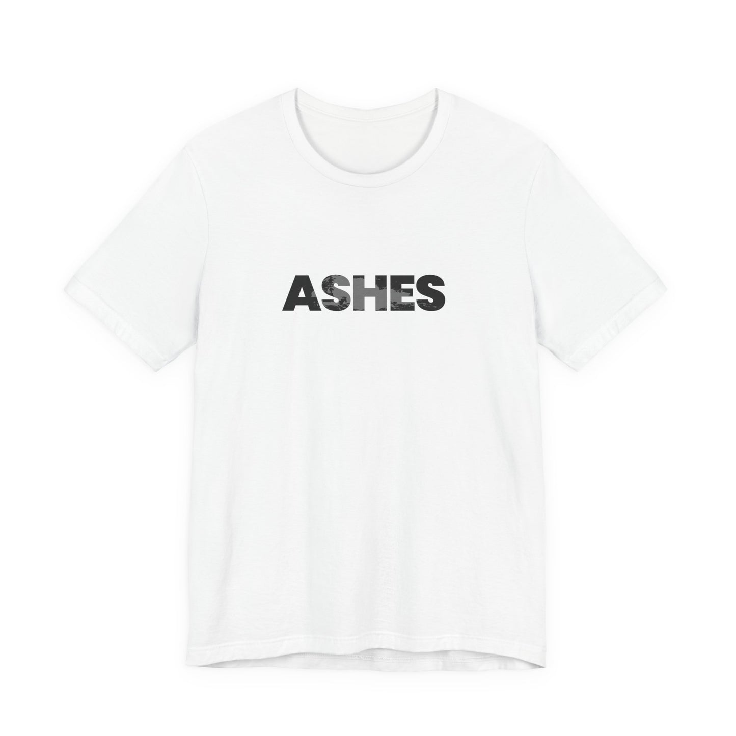 White t-shirt with 'ASHES' printed in black by Fibrio