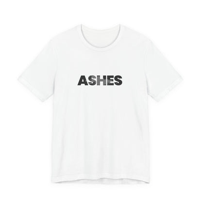 White t-shirt with 'ASHES' printed in black by Fibrio