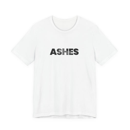 White t-shirt with 'ASHES' printed in black by Fibrio
