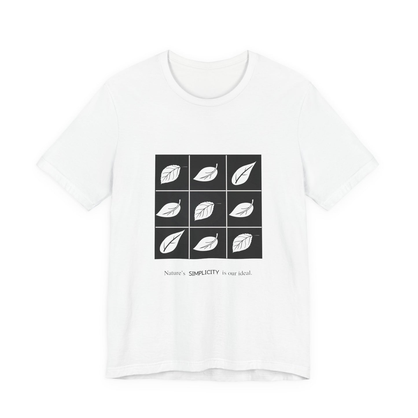 White t-shirt with black square design featuring white leaves and text by Fibrio