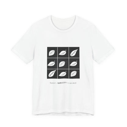 White t-shirt with black square design featuring white leaves and text by Fibrio